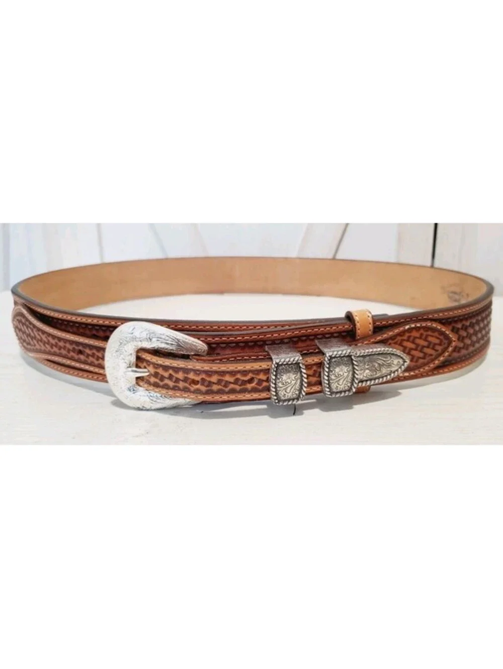 Vintage JUSTIN Buckle Belt Western Tapered 36 Brown TOOLED Leather